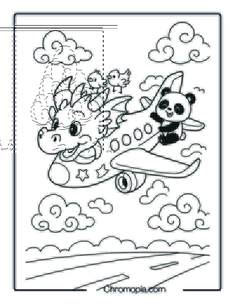 Dragon Shaped Cartoon Airplane with Panda Coloring Page