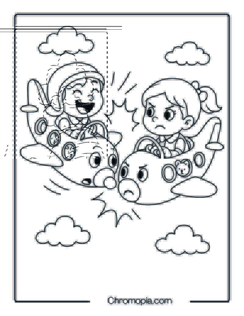 Funny Midair Crash of Two Kid Pilots Coloring Page