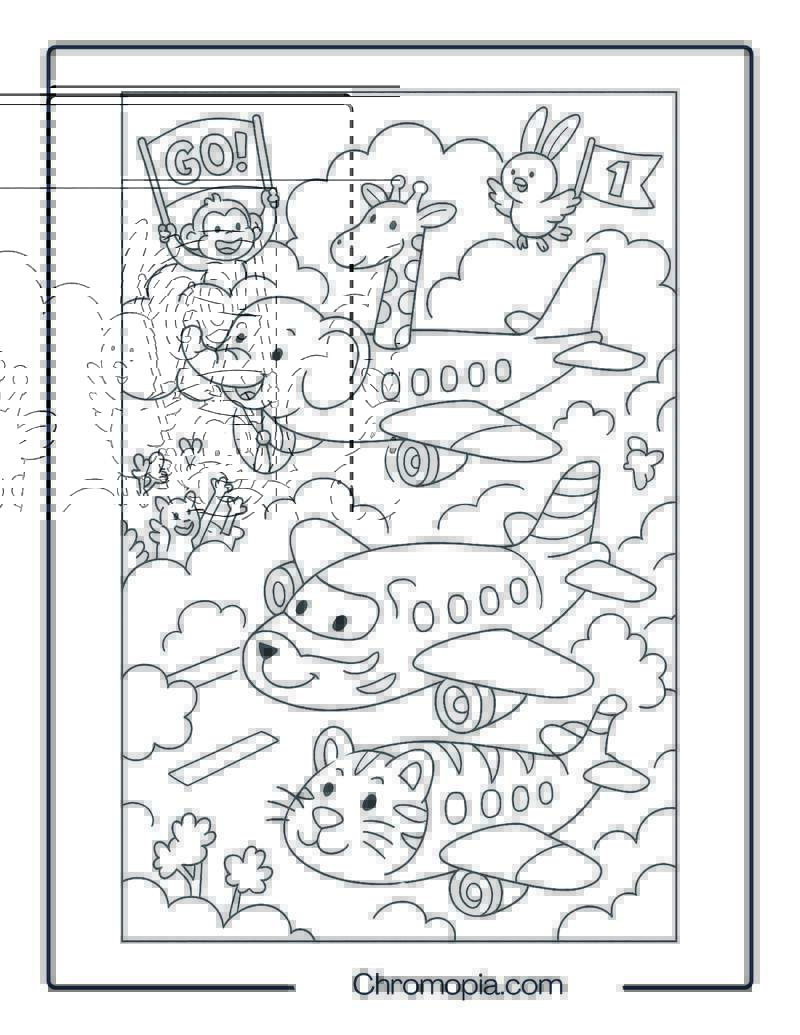 Jungle Animal Shaped Cartoon Planes Racing Coloring Page