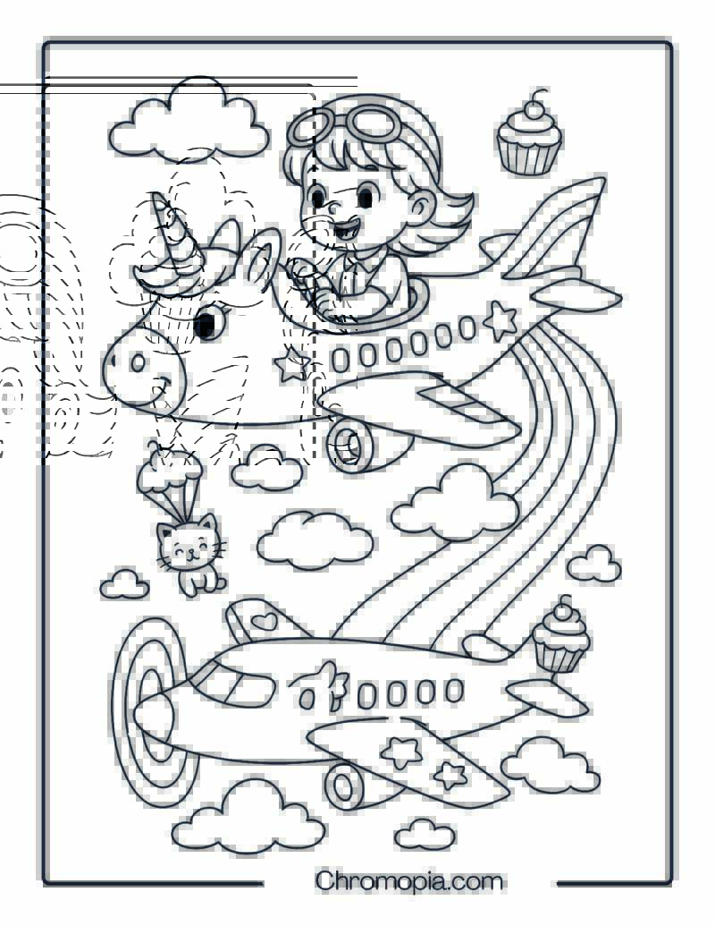 Rainbow Unicorn Jet with Girl Pilot Coloring Page