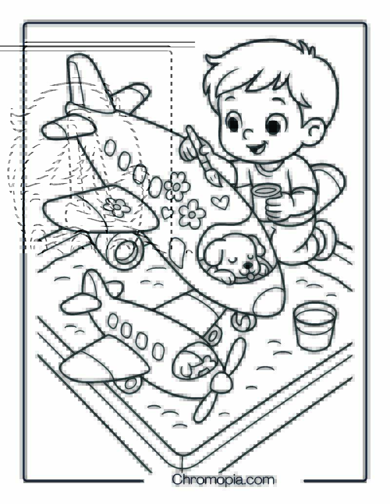 Toddler Painting a Toy Airplane in Sandbox Coloring Page