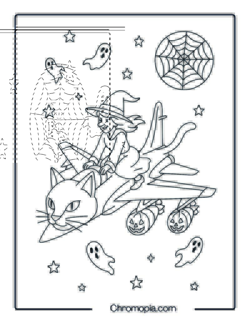 Black Cat Fighter Jet in Moonlight – Halloween Aeroplane Coloring Page