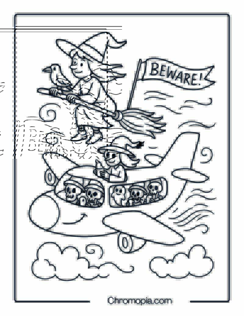 Flying Witch’s Broomstick Plane With Skeleton Passengers – Halloween Aeroplane Coloring Page