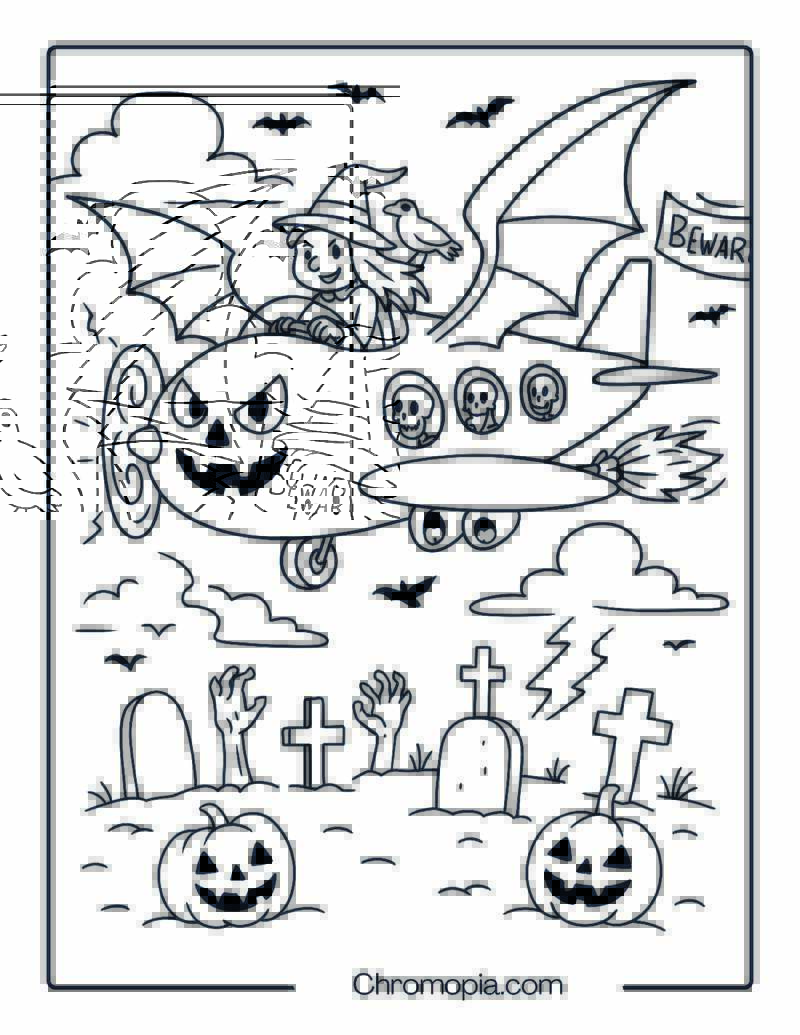 Giant Bat Wing Stealth Plane Over a Graveyard – Halloween Aeroplane Coloring Page