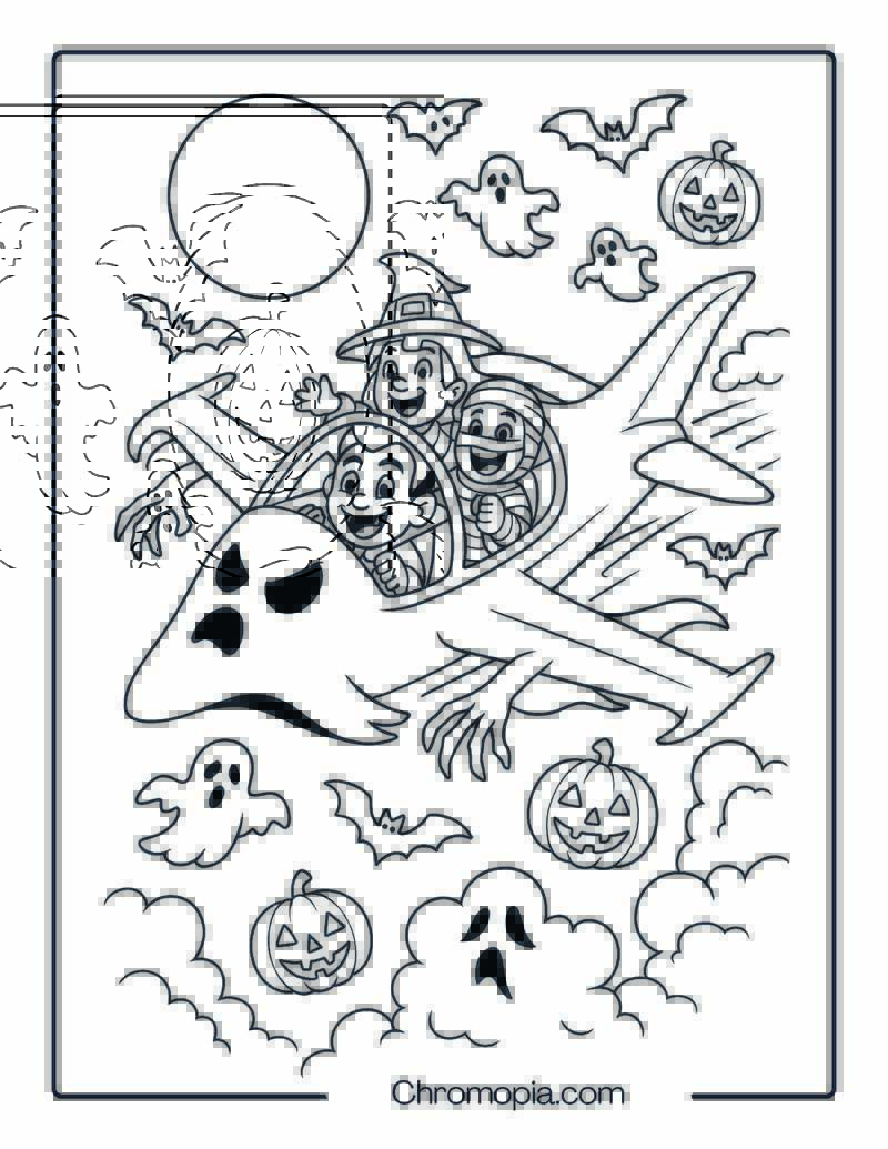 Haunted Ghost Jet Flying Through a Full Moon Night – Halloween Aeroplane Coloring Page
