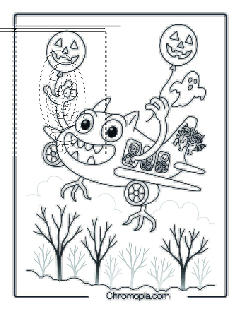 Monster Face Jet With Stretchy Arms – Halloween Aeroplane Coloring Page