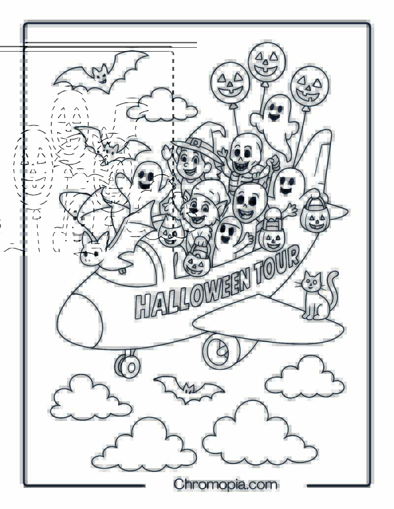 Open-Top Halloween Tour Plane With Monsters Onboard – Halloween Aeroplane Coloring Page