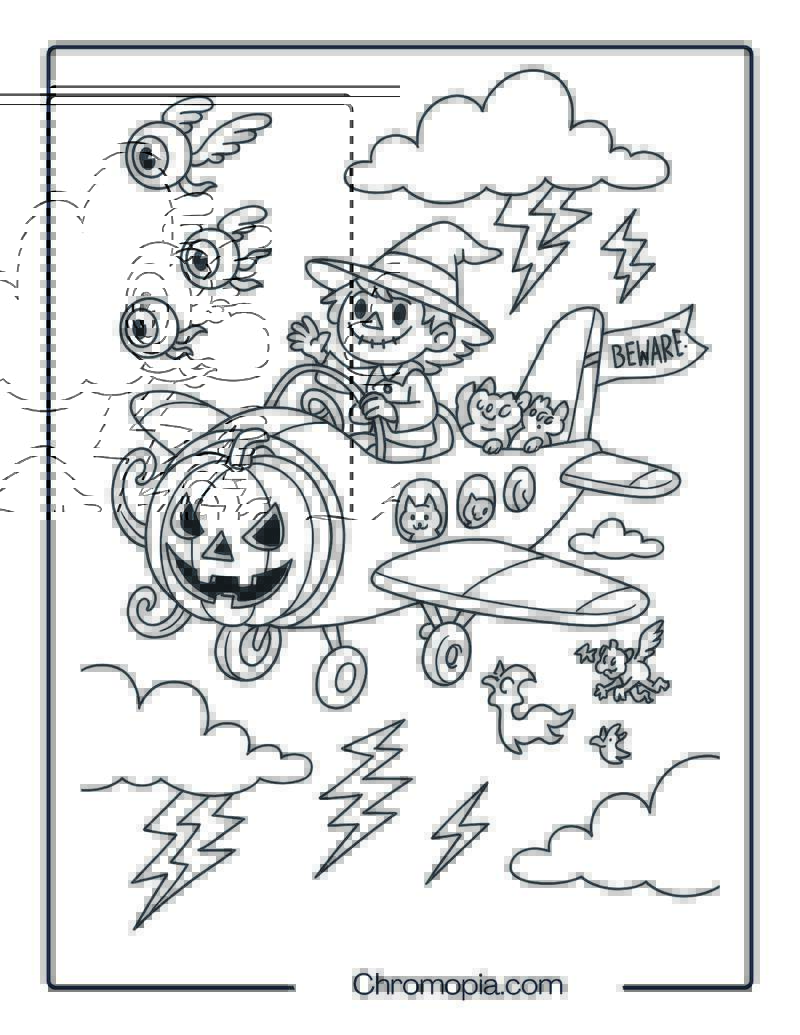 Pumpkin Head Propeller Plane With Creepy Passengers – Halloween Aeroplane Coloring Page
