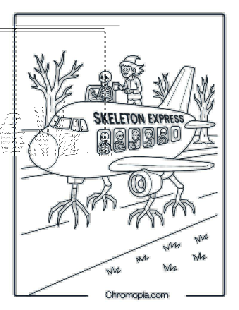 Skeleton Airline Plane With X-Ray Windows – Halloween Aeroplane Coloring Page