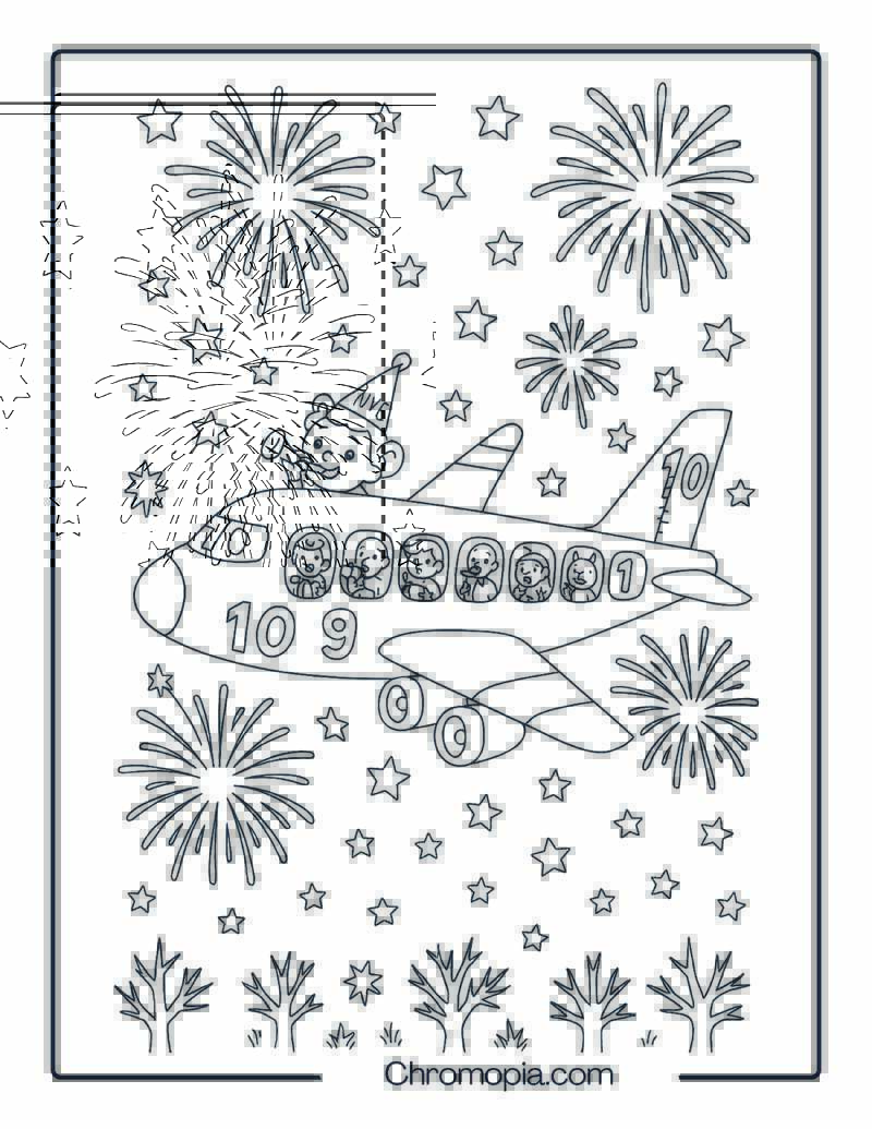 Countdown Firework Plane – New Year Aeroplane Coloring Page