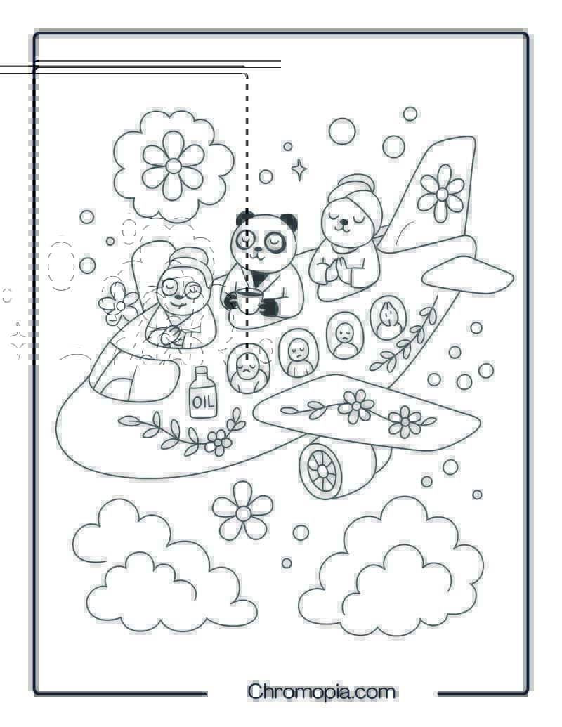 Self-Care Spa Jet With Peaceful Animals – Self-Care Aeroplane Coloring Page