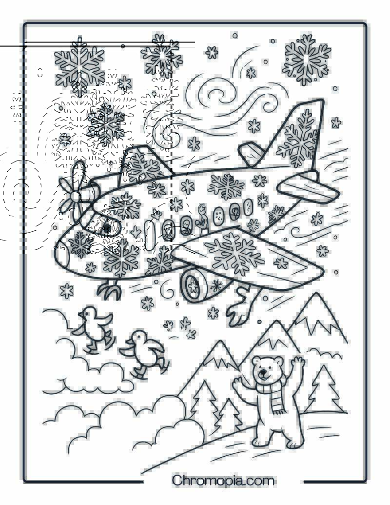 Snowflake Trail Jet – Winter Themed Aeroplane Coloring Page