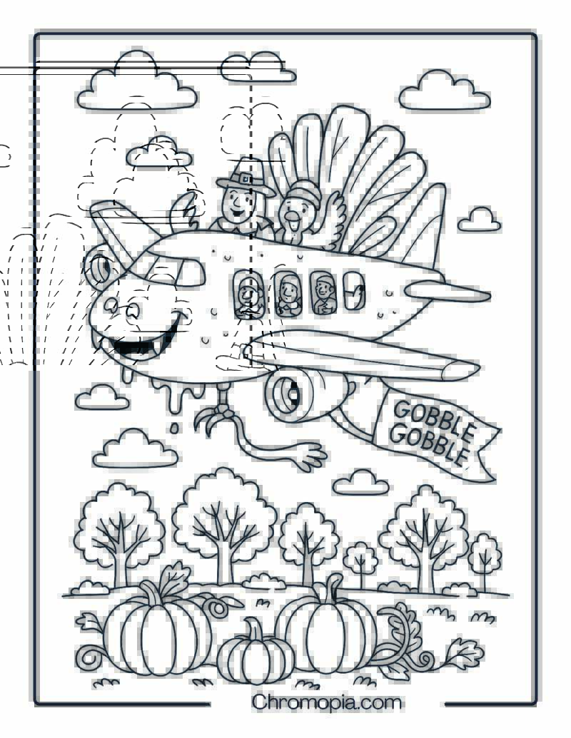 Thanksgiving Feast Plane in the Sky – Thanksgiving Aeroplane Coloring Page