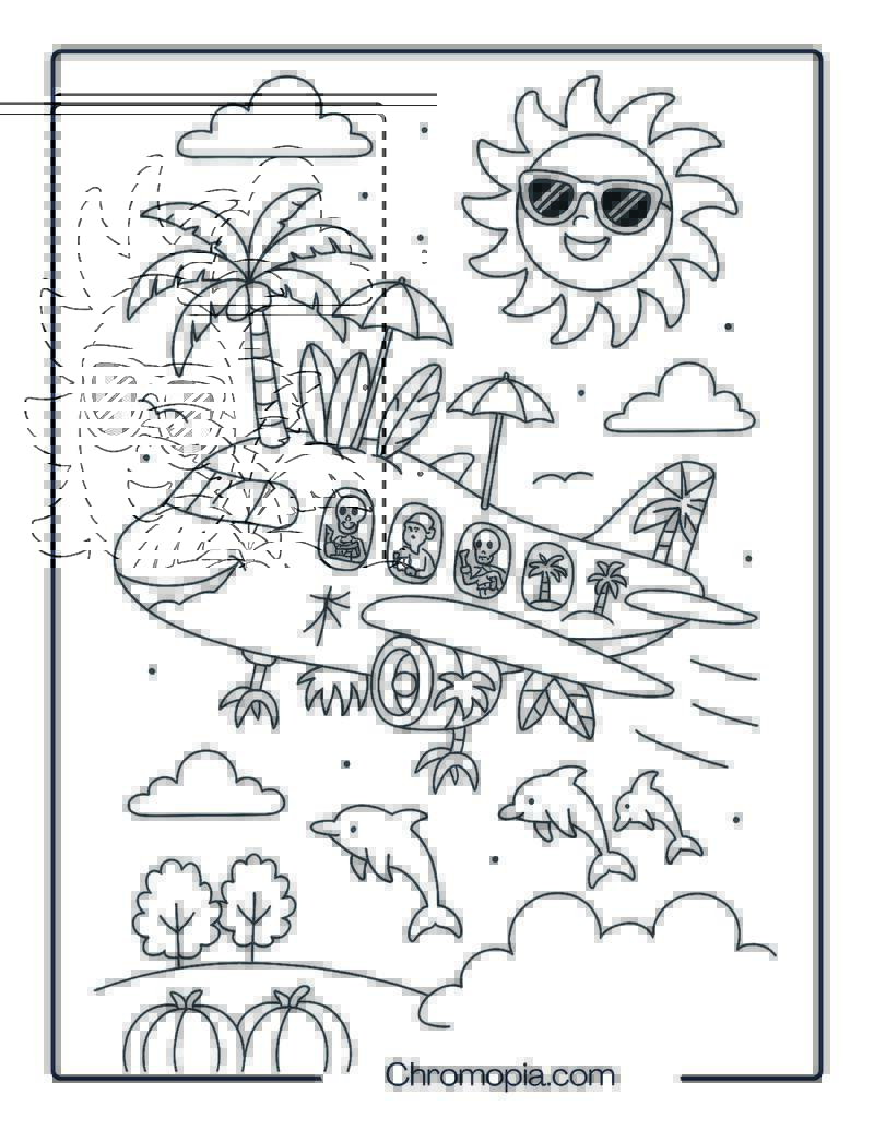 Tropical Island Summer Plane – Summer Celebration Aeroplane Coloring Page