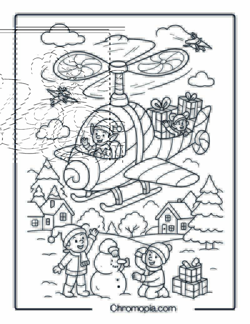 Christmas Elf Helicopter – Aircraft Coloring Page