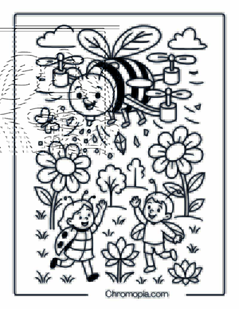 Cartoon Bee Drone Pollinating Giant Flowers