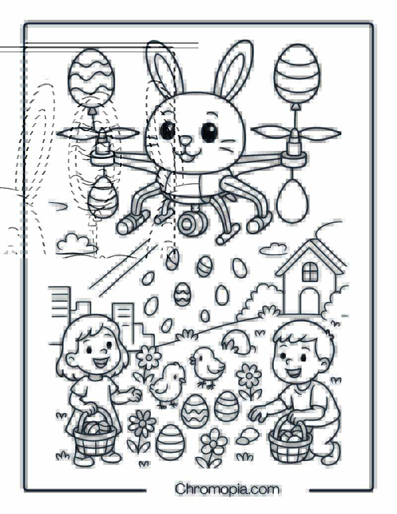 Giant Cartoon Bunny Drone Holding Balloons Over Easter Garden