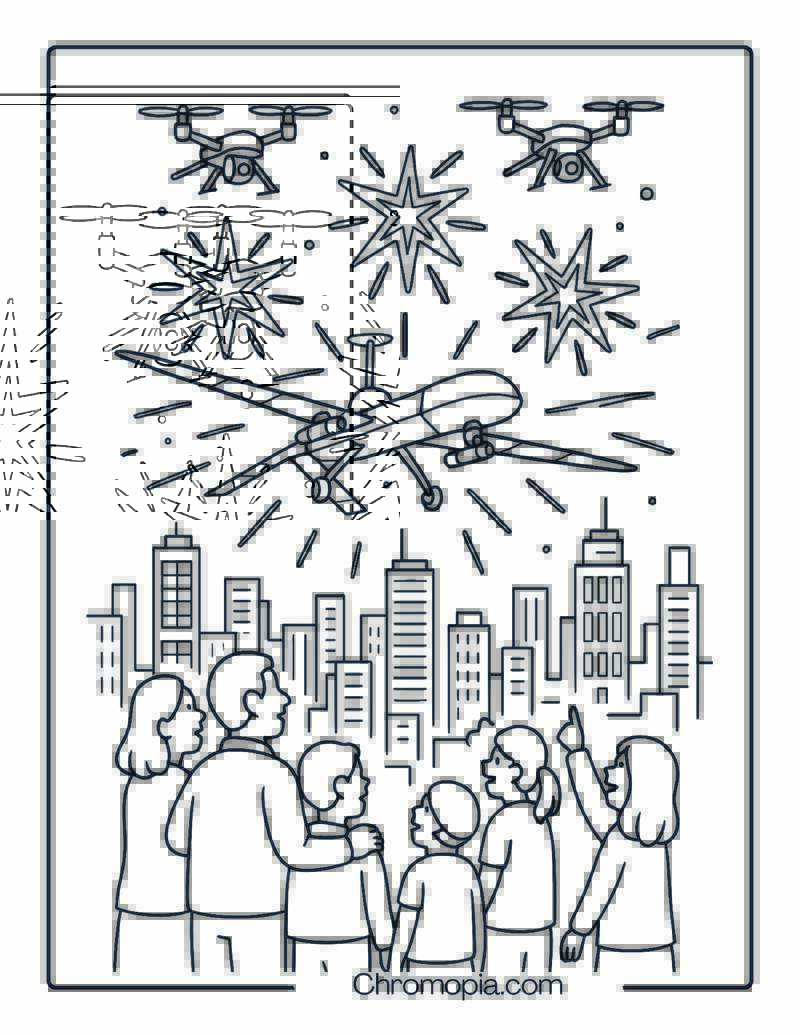 New Year Drone Fireworks Display Above a City