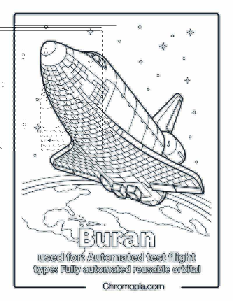Buran in Space with Earth Behind – Space Shuttle coloring page