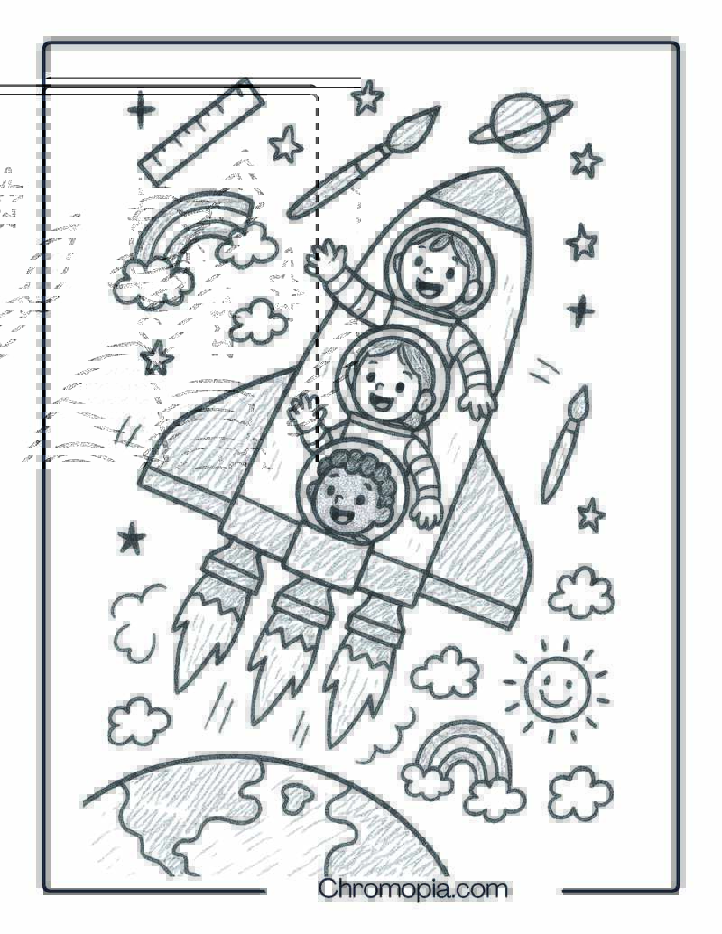 Kid Astronauts Blasting Off in a Crayon-Doodled Shuttle – Cute Funny Cartoon Space Shuttle Coloring Page