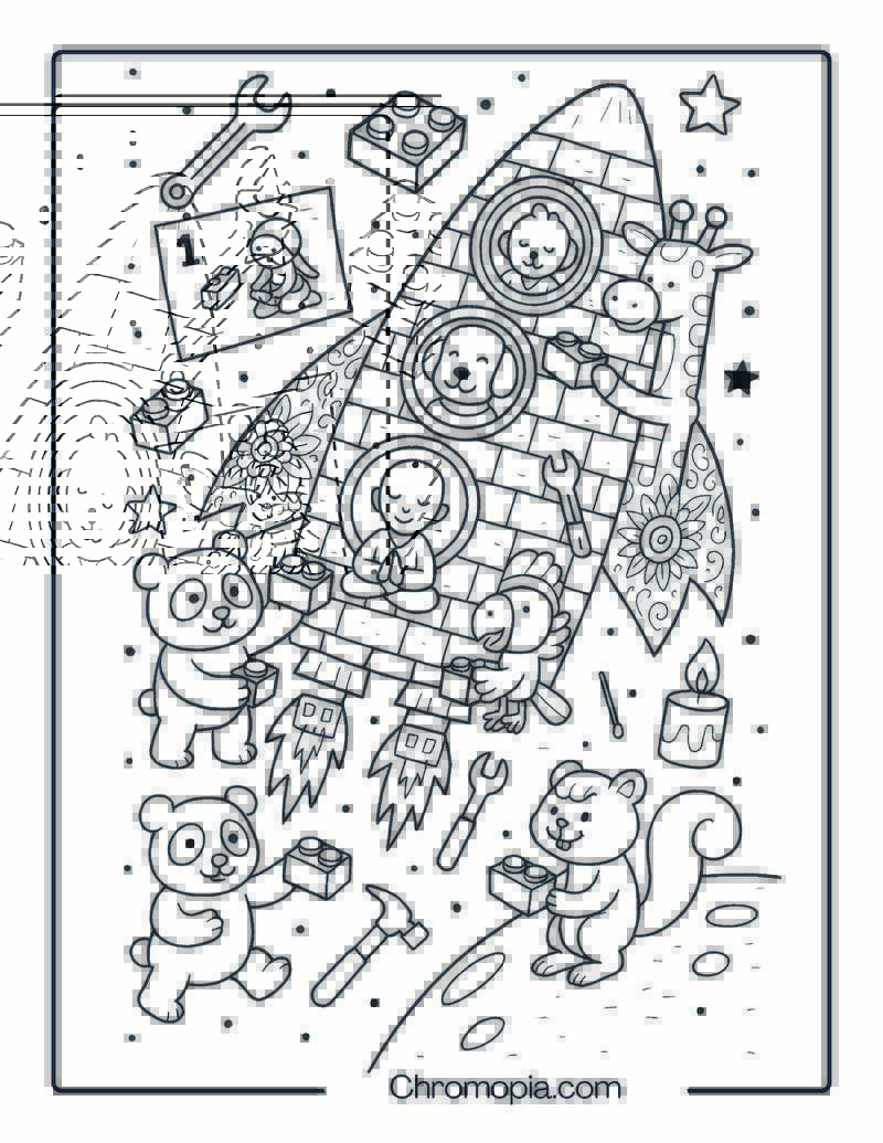 LEGO-Style Blocky Space Shuttle with Animal Builders – Cute Funny Cartoon Space Shuttle Coloring Page
