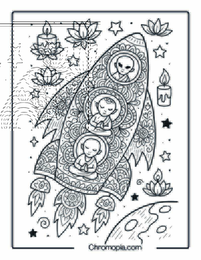 Mandala Patterned Shuttle with Zen Alien Crew – Cute Funny Cartoon Space Shuttle Coloring Page