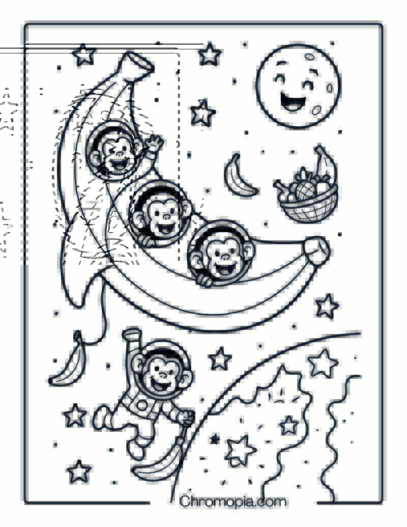 Space Shuttle Shaped Like a Flying Banana with Monkeys in Helmets – Cute Funny Cartoon Space Shuttle Coloring Page