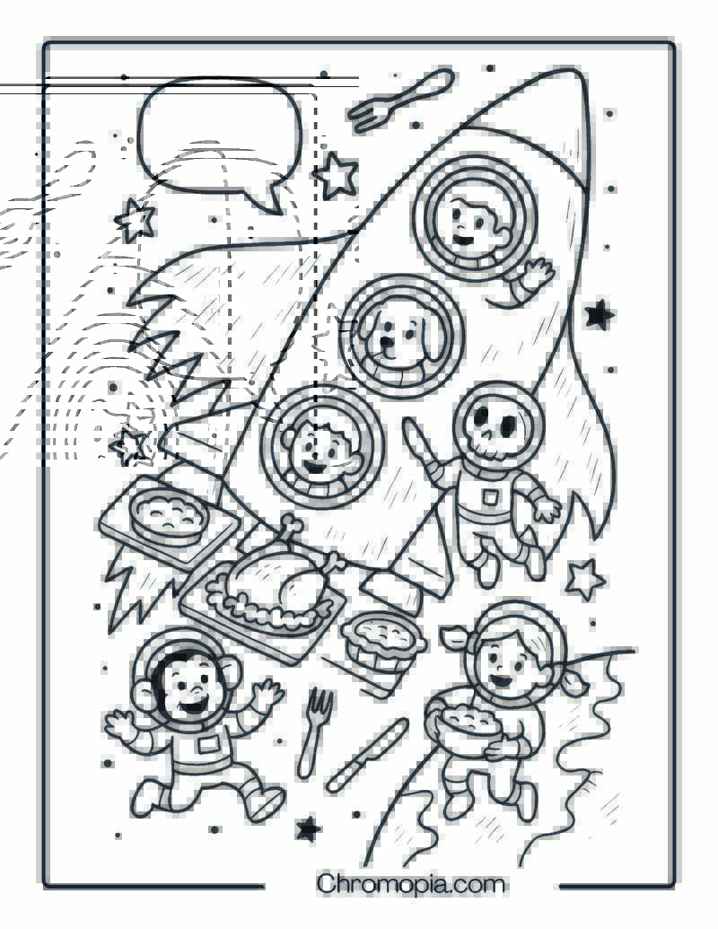 Thanksgiving Space Feast Shuttle with Floating Turkey – Cute Funny Cartoon Space Shuttle Coloring Page