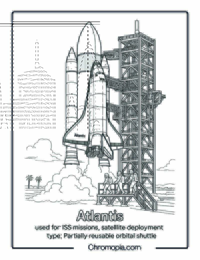 Atlantis on Launch Pad with Crew Boarding – Space Shuttle coloring page