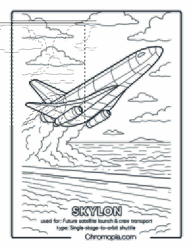 Skylon Orbital Shuttle Launching Over Ocean Horizon – Space Shuttle coloring page