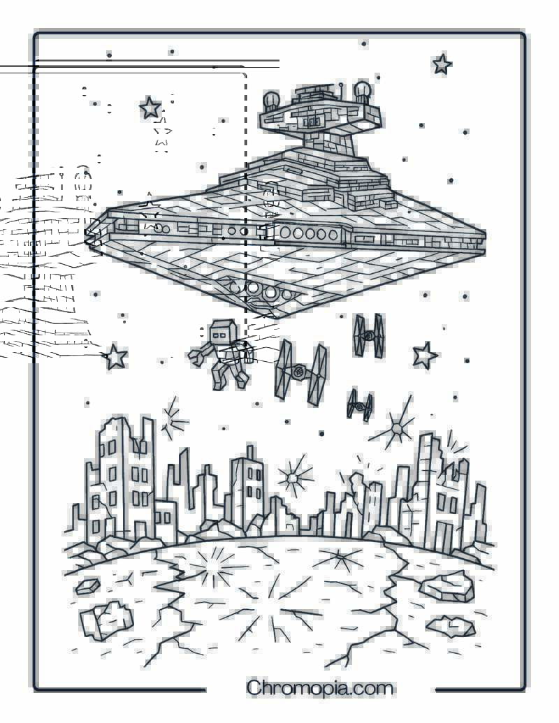 Imperial Star Destroyer Above a War-Torn Planet – Star Wars Space Shuttle Coloring Page