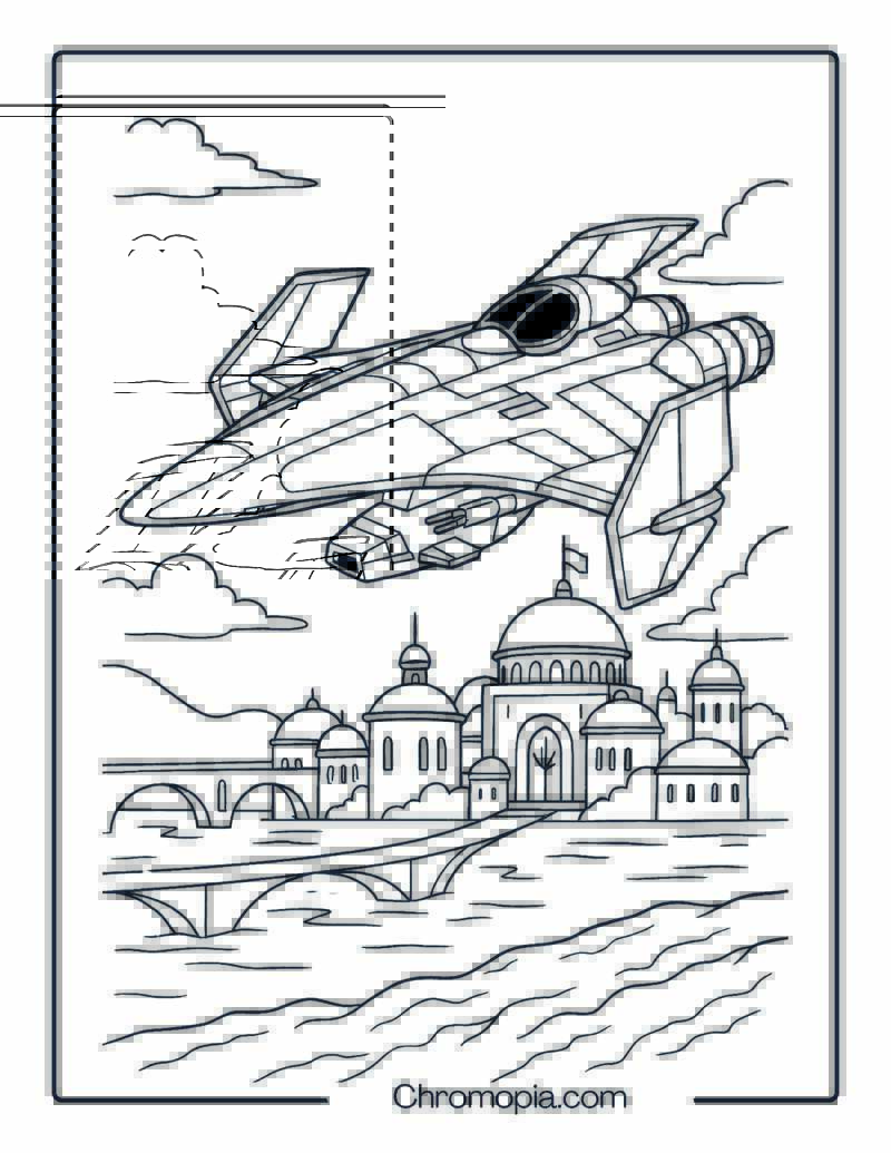 Naboo Royal Cruiser Flying Over a Lake City – Star Wars Space Shuttle Coloring Page