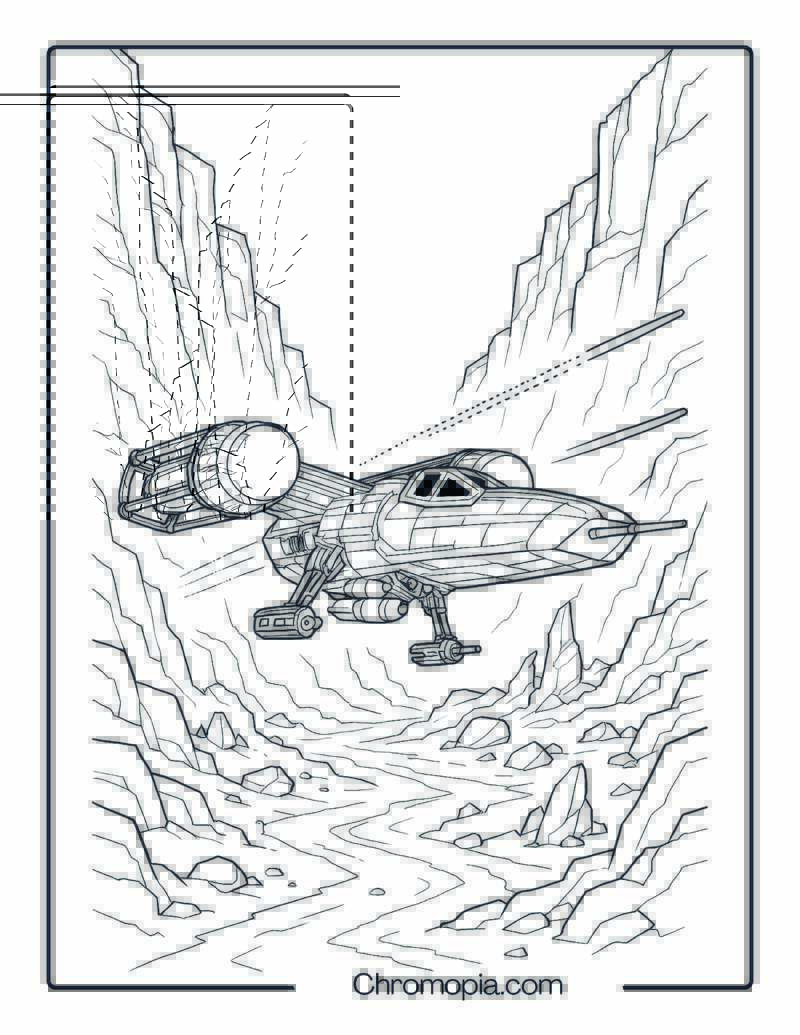 Y-Wing Bomber Skimming Canyon Surface on Strike – Star Wars Space Shuttle Coloring Page