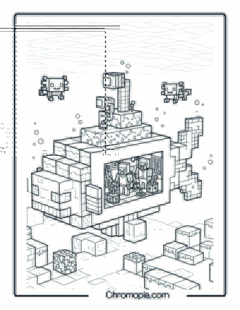 Minecraft Submarine in Pixelated Ocean World