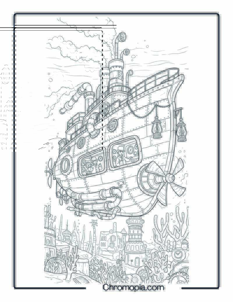 Steampunk Submarine in an Undersea Gear City
