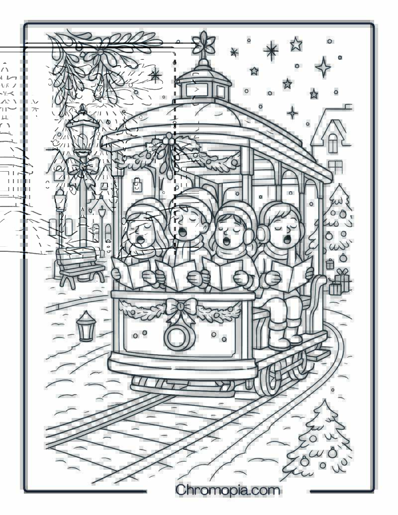 Christmas Carolers on Snow Trolley Train – Christmas Train Coloring Page