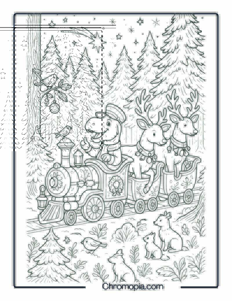 Christmas Eve Forest Train with Reindeer Passengers – Christmas Train Coloring Page