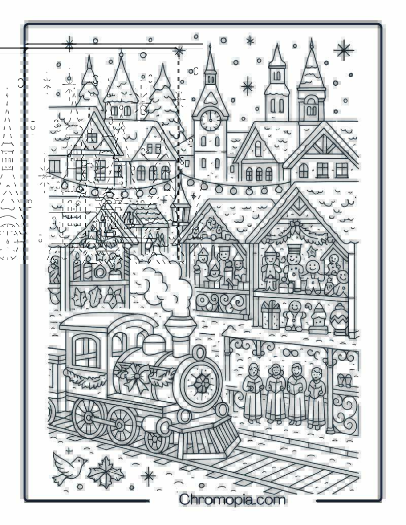 Christmas Market Train in Snowy European Plaza – Christmas Train Coloring Page