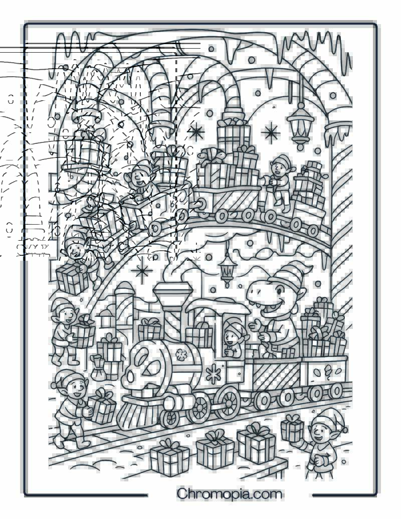 Elf Workshop Train Loading Gifts Underground – Christmas Train Coloring Page