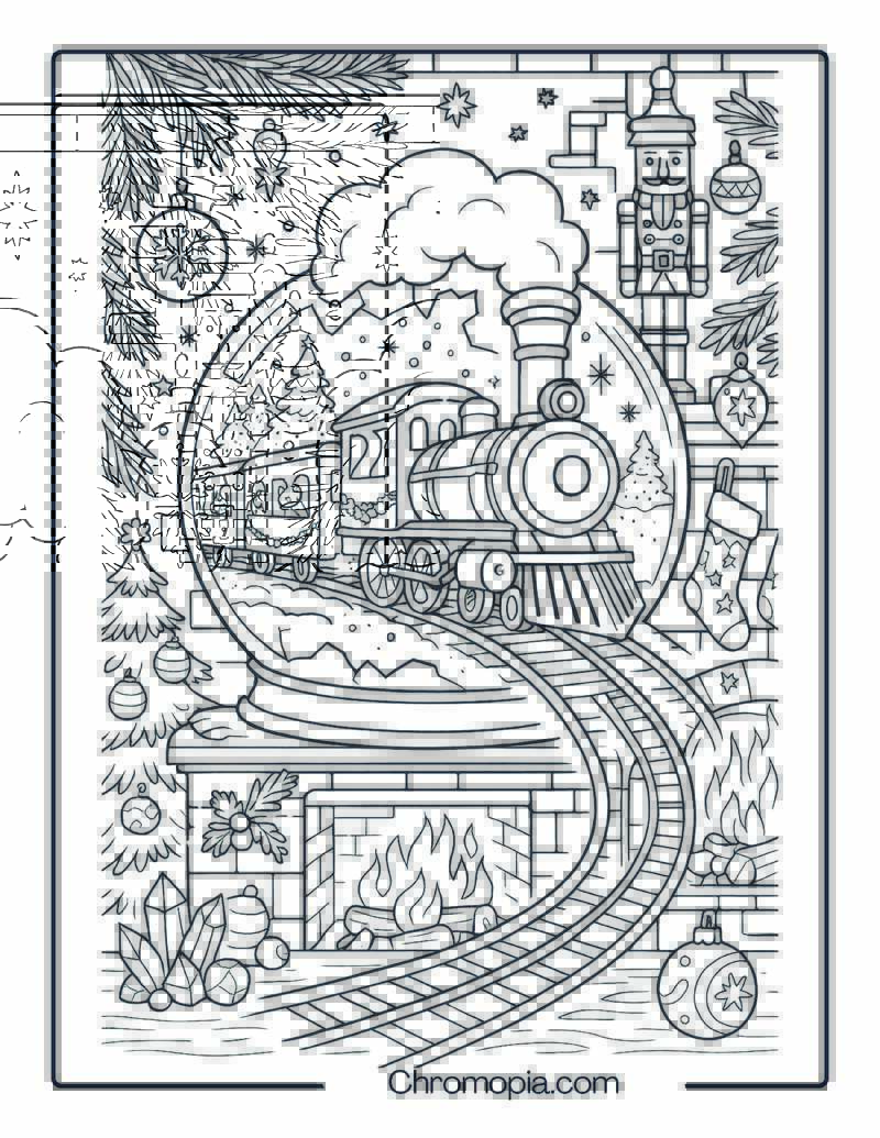 Enchanted Train from Giant Snow Globe – Christmas Train Coloring Page