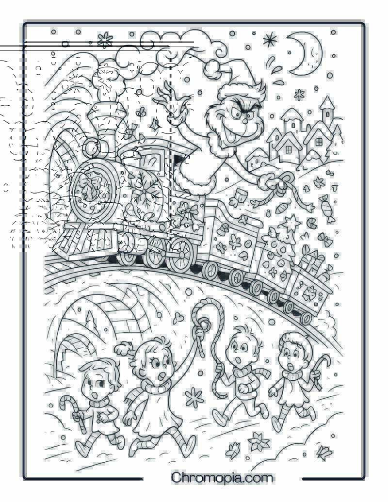 Grinch Hijacking the Christmas Train – Christmas Train Coloring Page