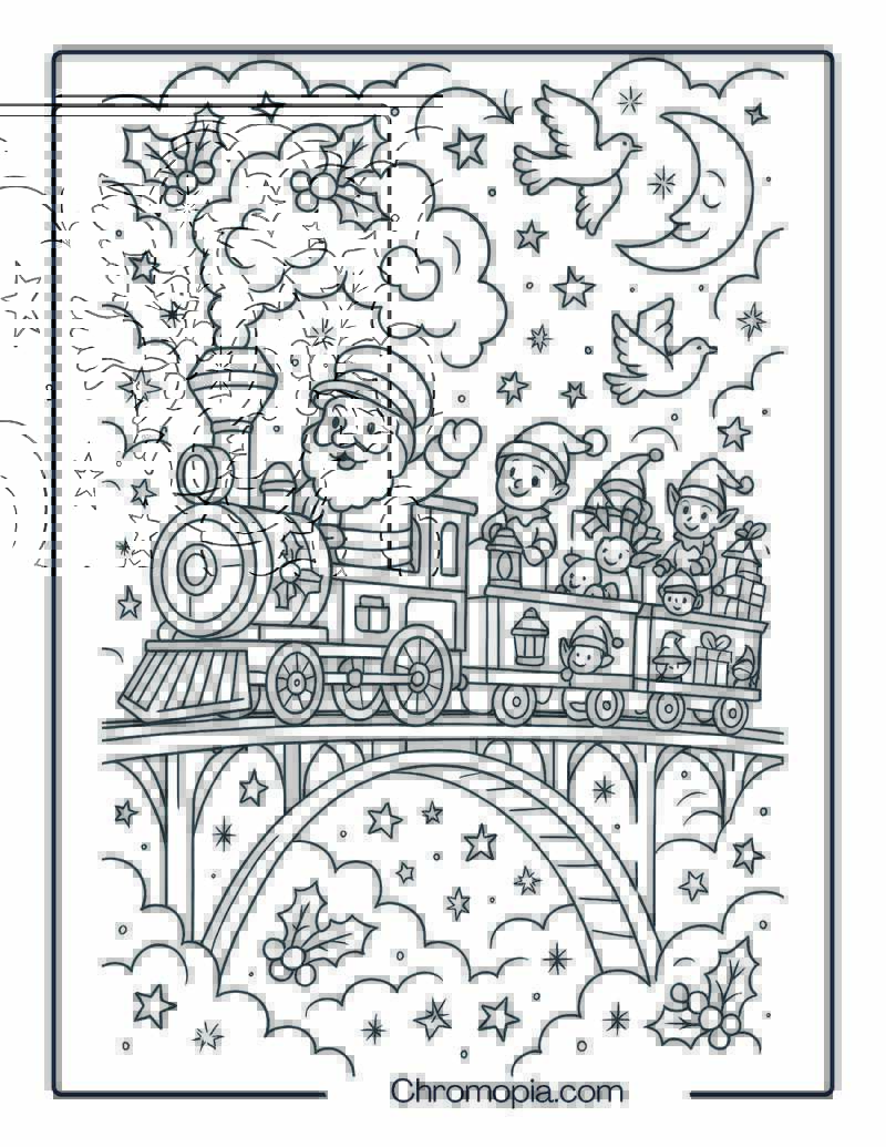 Magical Christmas Train on a Sky Bridge – Christmas Train Coloring Page