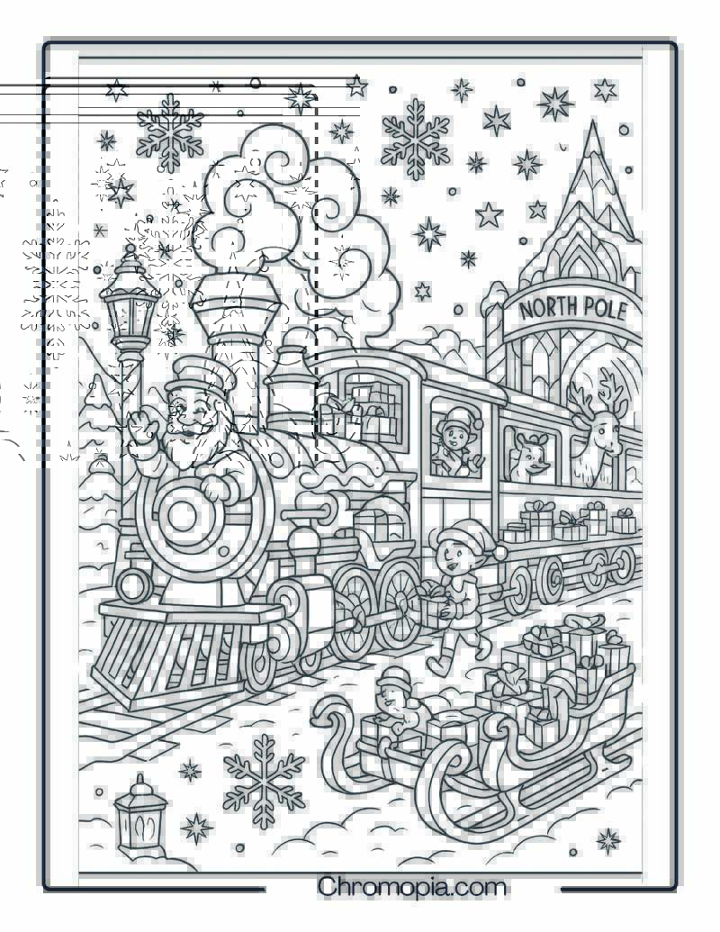 Santa’s Grand Christmas Express at North Pole Station – Christmas Train Coloring Page