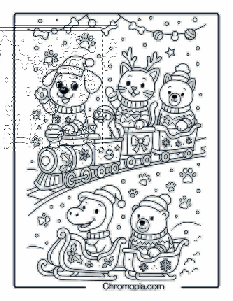 Santa’s Pet Express – Animals Riding a Holiday Train – Christmas Train Coloring Page