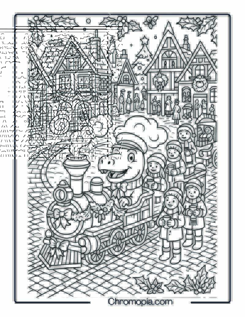 Victorian Christmas Village with Toy Train Parade – Christmas Train Coloring Page