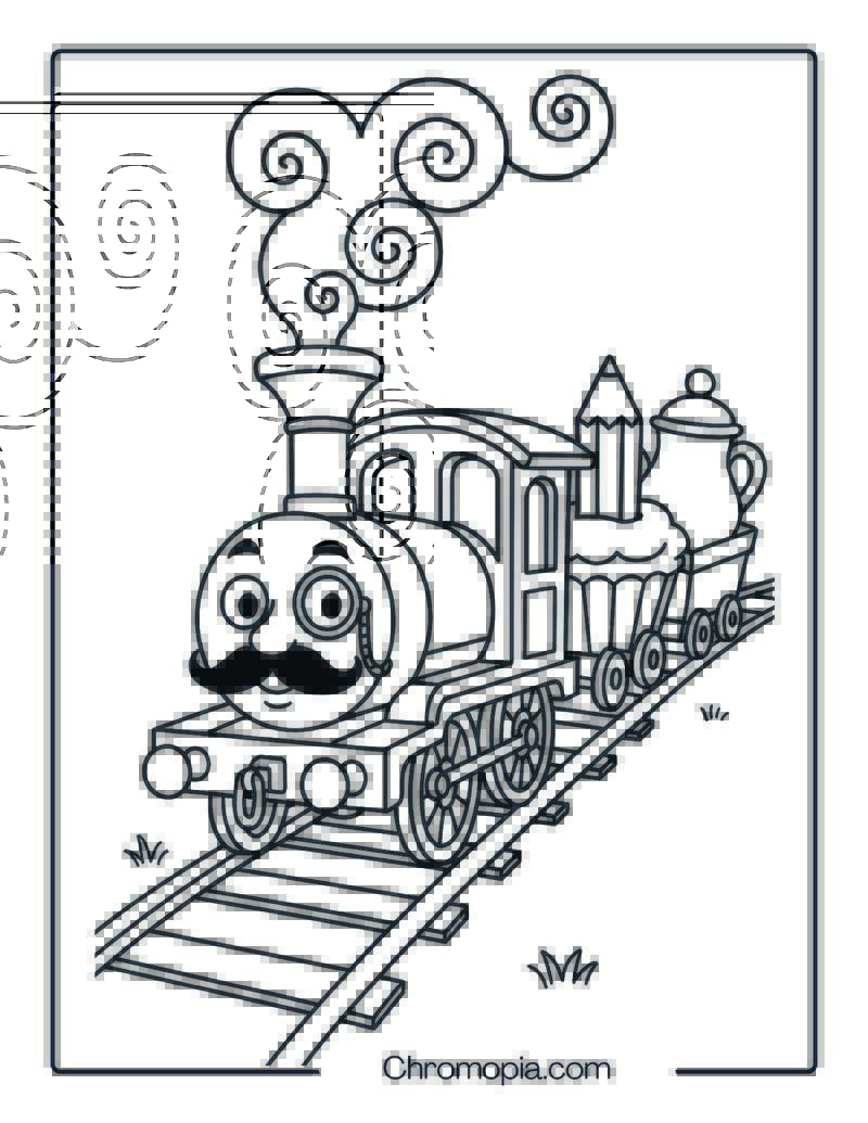 Cartoon Steam Engine with Overexaggerated Chimney – Steam Train Coloring Page