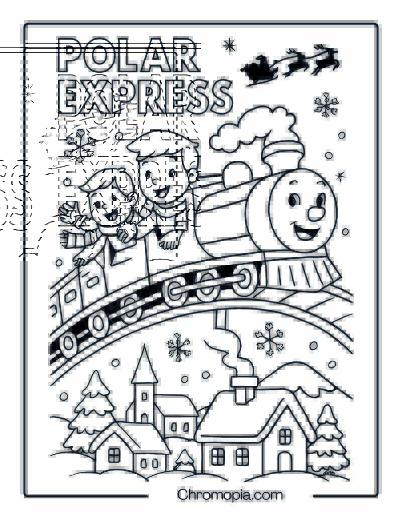 Polar Express Flying Over Snowy Village – Polar Express Train Coloring Page