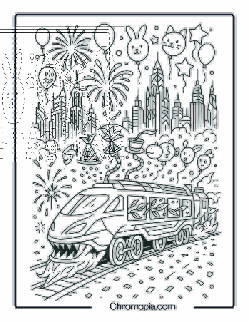 Firework-Powered Rocket Train to the Future – New Year Train Coloring Page