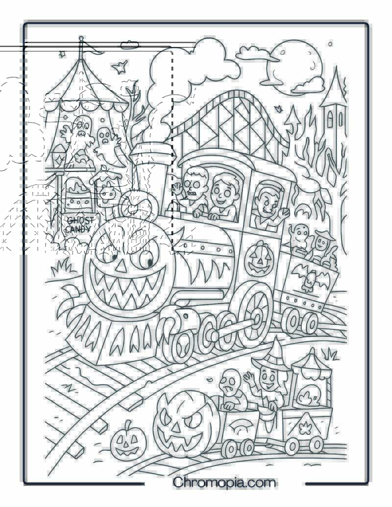 Grinning Monster Train in a Haunted Carnival – Halloween Train Coloring Page