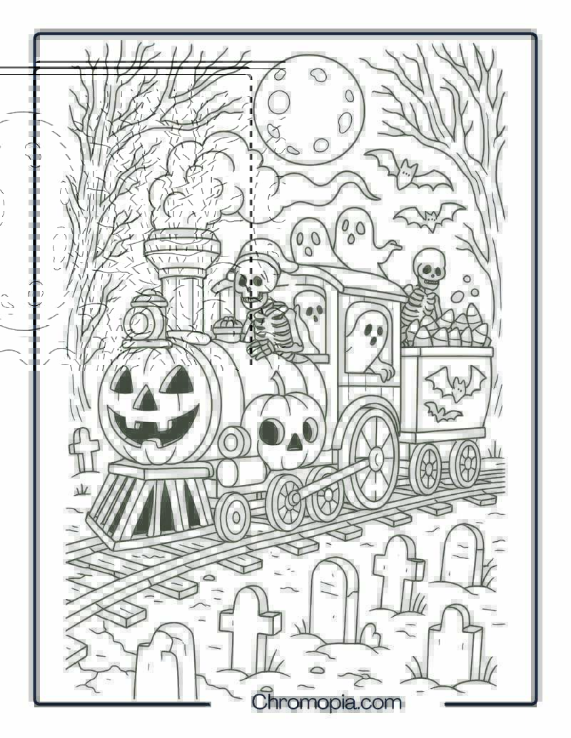 Haunted Pumpkin Express with Skeleton Crew – Halloween Train Coloring Page